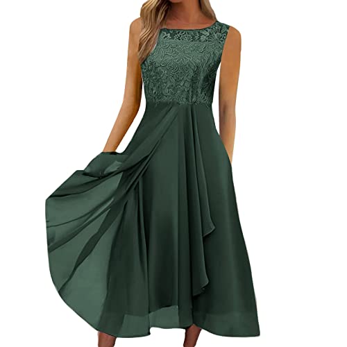 Sommerkleid Damen Knielang Abendkleider Elegant FüR Hochzeit Lang Langes Kleid Festlich Oversize Chiffon Spitze Patchwork RüSchen Drucken Swing Lange Brautjungfernkleider FlüGel KostüM (1-Green, Xl) von Azruma