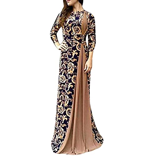 Sommerkleid Damen Lang Neckholder Kleid Damen Sommerkleider Lang Brautkleider Frauen Muslimische Drucken Bodenlang Islamische Kleider Ramadan Gebetskleidung Kleid Elegant Damen Festlich (Braun, L) von Azruma