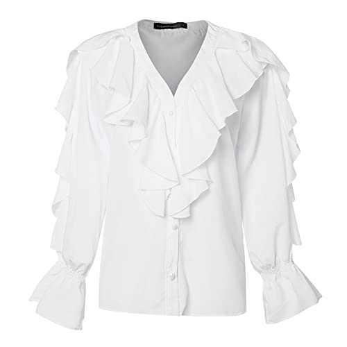 Azruma Sport Shirts FüR Damen Oversize Bluse Damen T Shirt Weiß Elegant Chiffon V-Ausschnitt RüSchen Langarm Einfarbig Shirt Mit Knopfleiste Sommer Volant Oberteil Oversize Shirt (Weiß, 3XL) von Azruma