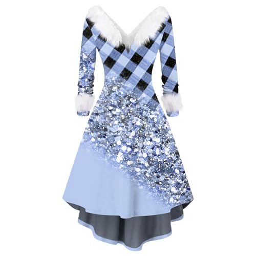 Strickkleid Damen Winter Kostüme Mädchen Chiffonkleid Damen Festlich Frauen Festlich Weihnachten Karierte Drucken Plüsch V-Ausschnitt High Low Swing Langarm Oversize Kleid Tüll Kleid (1-Light Blue, S) Strickkleid Damen Winter Kostüme Mädchen Chiffonkleid Damen Festlich Frauen Festlich Weihnachten Karierte Drucken Plüsch V-Ausschnitt High Low Swing Langarm Oversize Kleid Tüll Kleid (1-Light Blue, S) von Azruma