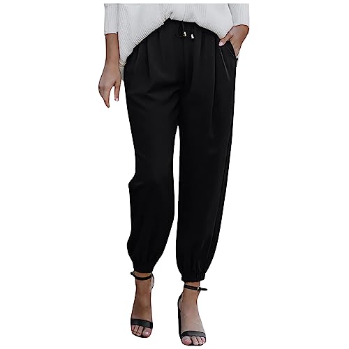 Sweathose Für Damen Hose Damen Elegant Latzhose Sommer Damen Frauen Einfarbig Stretch Schlupfhose Mit Taschen Und Tunnelzug Casual Slim Fit Lang Chinohose Mit Gummizug Schlafanzughose(Schwarz,L) von Azruma