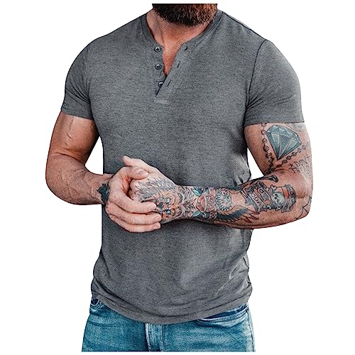 Azruma Unterhemd Herren Laufshirt Herren Business Hemd Herren Sommer ÜBergrößE Einfarbige Kurze ÄRmel Henley Shirt Mit Knopfleiste Casual Button Down Hemden Unterhemden Herren Weiss (Dunkelgrau, 5XL) von Azruma