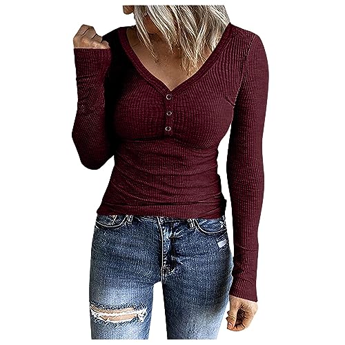 Vintage Clothes Bluse Damen Kurzarm Damen Oberteile Herbst Frauen Slim Fit Gerippten V Ausschnitt Button Down Langarmshirt Herbst Winter Warm Einfarbige Henley T-Shirt Unterziehrolli Damen (2-Wine, M) Vintage Clothes Bluse Damen Kurzarm Damen Oberteile Herbst Frauen Slim Fit Gerippten V Ausschnitt Button Down Langarmshirt Herbst Winter Warm Einfarbige Henley T-Shirt Unterziehrolli Damen (2-Wine, M) von Azruma