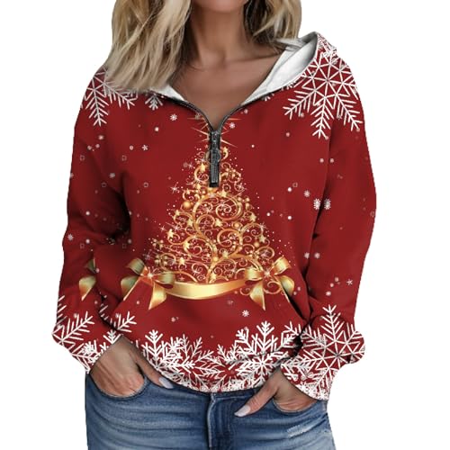 Weihnachtspullover Mit Led Licht Damen Weihnachtspullover Langarmshirt Damen Sport Frauen Festliche Half Zip Drucken Langarm Hoodie Sweatshirt Mit Kapuze Sweatshirt Damen Mit Kapuze (2-Wine, Xl) von Azruma