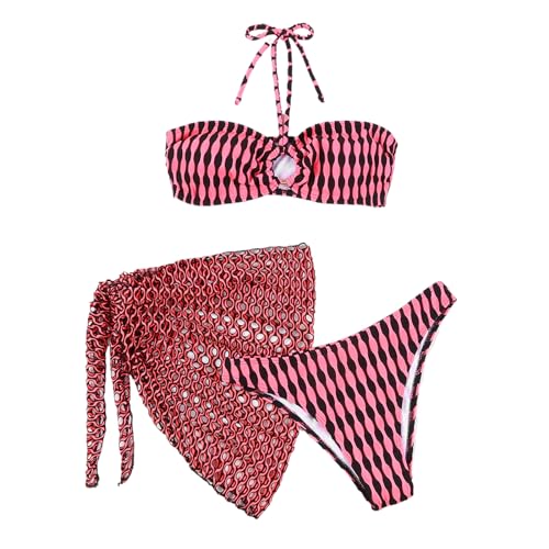 Azxcvbnm 3-teiliges Damen Bandeau Badeanzug Set Mit Hohlem Strand Wickelrock Zweiteiliges Neckholder Schwimmkostüm Bandeau Schwimmoberteil von Azxcvbnm