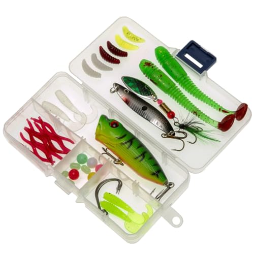 BAHJKASD 40Pcs Angeln Locken Mit Angeln Box Süßwasser Köder Tackle Set Weiche Köder Wurm Löffel Crankbait Angeln Zubehör von BAHJKASD