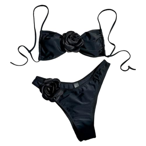 BAHJKASD Damen Badeanzug Set Mit 3D Blumen Neckholder Badeanzug. 3D Blumen Badeanzug Neckholder Oberteil Und Slips Mit Niedriger Taille von BAHJKASD