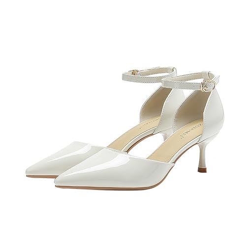 BAICAIBAI Damen High Heel Pumps Lackleder Schnürsandalen Spitze Zehenpartie Knöchelriemen mit Schnallenverschluss Stiletto-Absatz Sandalen Hochzeit Braut Abendkleid Partei,Off,White von BAICAIBAI