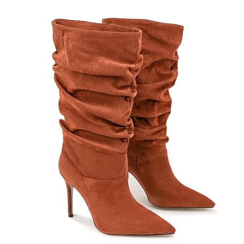 BAICAIBAI Damen Knöchelspitze Mid-Calf Boots Spitze Zehe Stiletto Absatz Wildleder Falten Elastische Lockere Passform Modeparty Helle Farben Freizeitgebrauch Klassische Bequem,Brown,47 von BAICAIBAI