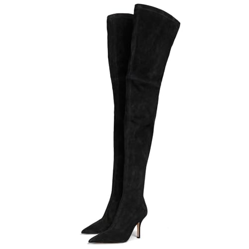 BAICAIBAI Damen Overknee-Stiefel Absatzhöhe (8,5–9,5 cm) Over The Knee Boots Modisch Bequem Schmal Spitze Zehenpartie Stiletto-Schuhe für Tanzpartys,Black,38 von BAICAIBAI