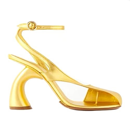 BAICAIBAI Damen Römische Sandalen Pumps Spangenpumps Sandale Halbgeschlossen Quadratischer Spitze und Gerader Schnalle Zehenklemm-Detail für Hochzeiten Partys,Gold,38 von BAICAIBAI