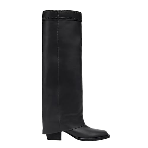 BAICAIBAI Damen-Stiefel Frauen Kniehohe Stiefel Overknee-Stiefel Damen mit Blockabsatz Weiter Schaft Weiches Leder Übergrößen Elegant und Bequem für Feste Büro Fashion Sicherheit,Noir,39 von BAICAIBAI