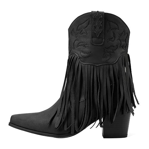 BAICAIBAI Damen Stiefel Mode Wohnungen Quaste Spitze Zehe Schuhe mit niedrigen Absätzen Western Kurze Stickerei Chelsea Fashion Sicherheit Stiefeletten Spitzem Herbst-Winterstiefel,Noir,37 von BAICAIBAI