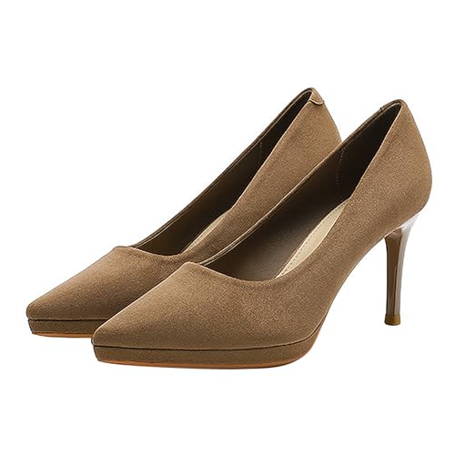 BAICAIBAI Damen Stiletto Hoher High Absatz Heel Geschlossene Spitze Zehenkappe Pumps Slip-on Hochzeit Dress Schuhe wasserdichte Plattform für Frauen Braut Abendkleid Partei,Brown,34 von BAICAIBAI