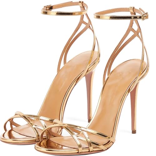 BAICAIBAI Damen Stilettos mit Riemchen Spitz Offene Zehenpartie Sandalen Absatz Schnürabsatz Sommerschuhe für Gladiator Pumps Partei Abendschuhe Bequem,Gold,36 von BAICAIBAI