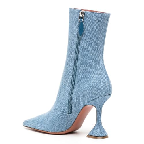 BAICAIBAI Hohe Stiefel für Damen Modisch Elegant und Schlicht Denim Weinglas-Absatz Spitze Zehenpartie Mittelhohe Damenstiefel Herbst Winter Frühling Tanzparty,Blue,44 von BAICAIBAI