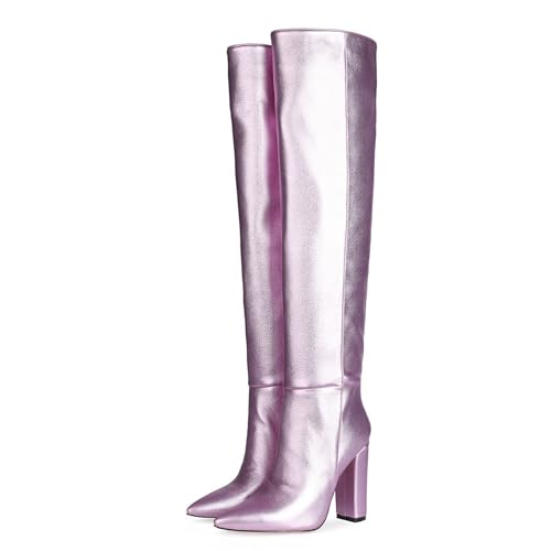 BAICAIBAI Kniehohe Stiefel Damenstiefel Quadratische Zehenpartie Lange Blockabsatz Damen Mit Spitzem Breitem Hohem Absatz Über Kniehoch Große Größen Herbst/Winter,Purple,35 von BAICAIBAI