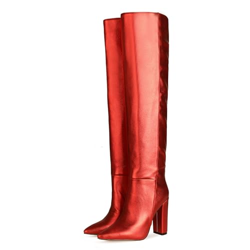 BAICAIBAI Kniehohe Stiefel Damenstiefel Quadratische Zehenpartie Lange Blockabsatz Damen Mit Spitzem Breitem Hohem Absatz Über Kniehoch Große Größen Herbst/Winter,Rouge,38 von BAICAIBAI