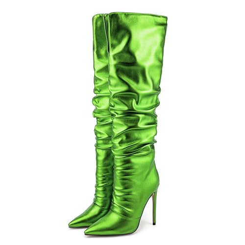 BAICAIBAI Kniehohe Stiefel für Damen Absatz spitzer Zehenbereich Modisch Stiletto Lang Hohe Spitz zulaufende Stiletto-Absatz Overknee-Stiefel mit V-Ausschnitt Herbst Winter,Grass,Green von BAICAIBAI