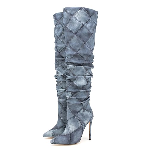 BAICAIBAI Kniehohe Stiefel für Damen spitzer Zehenbereich hohe Stiletto hoher Absatz Langer Kleid Kniehohe Plissierte Ärmel Elegantes Design Herbst und Wintermode,Blue,41 von BAICAIBAI