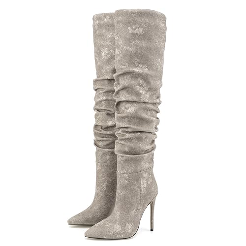 BAICAIBAI Kniehohe Stiefel für Damen spitzer Zehenbereich hohe Stiletto hoher Absatz Langer Kleid Kniehohe Plissierte Ärmel Elegantes Design Herbst und Wintermode,Gray,39 von BAICAIBAI