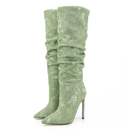 BAICAIBAI Kniehohe Stiefel für Damen spitzer Zehenbereich hohe Stiletto hoher Absatz Langer Kleid Kniehohe Plissierte Ärmel Elegantes Design Herbst und Wintermode,Green,37 von BAICAIBAI