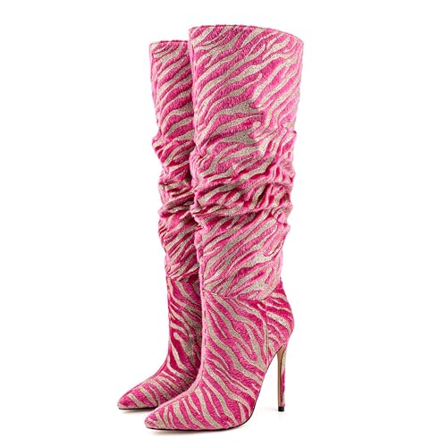 BAICAIBAI Kniehohe Stiefel für Damen spitzer Zehenbereich hohe Stiletto hoher Absatz Langer Kleid Kniehohe Plissierte Ärmel Elegantes Design Herbst und Wintermode,Rose,red von BAICAIBAI