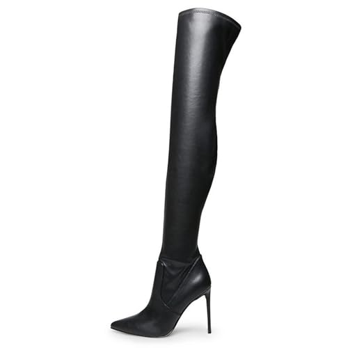 BAICAIBAI Overknee-Stiefel für Damen Absatzhöhe (11–13 cm) Aus Schwarzem Leder mit Hohem Absatz Stiletto-Absatz Spitze Zehenpartie Herbst-Winter-Frühlingsmode,Black,37 von BAICAIBAI