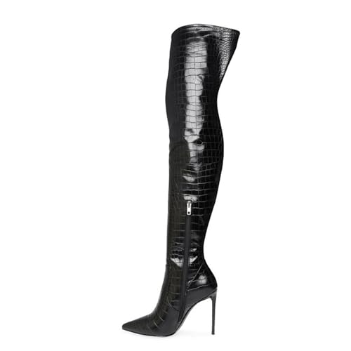 BAICAIBAI Overknee-Stiefel für Damen Absatzhöhe (11–13 cm) Aus Schwarzem Leder mit Hohem Absatz Stiletto-Absatz Spitze Zehenpartie Herbst-Winter-Frühlingsmode,Croc,35 von BAICAIBAI