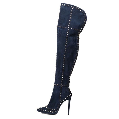 BAICAIBAI Overknee-Stiefel für Damen Absatzhöhe (11–13 cm) Genietete Thigh High Over The Knee Boots Absatz Stiletto-Schuhe Modisch Bequem Fürs Büro Tanzen,Blue,41 von BAICAIBAI