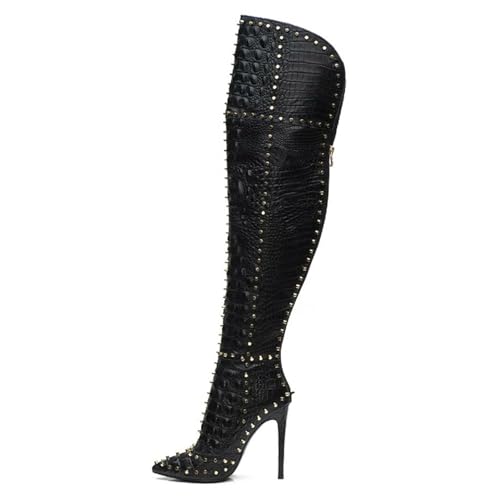 BAICAIBAI Overknee-Stiefel für Damen Absatzhöhe (11–13 cm) Genietete Thigh High Over The Knee Boots Absatz Stiletto-Schuhe Modisch Bequem Fürs Büro Tanzen,Croc,46 von BAICAIBAI