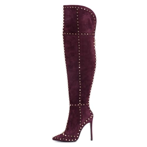 BAICAIBAI Overknee-Stiefel für Damen Absatzhöhe (11–13 cm) Genietete Thigh High Over The Knee Boots Absatz Stiletto-Schuhe Modisch Bequem Fürs Büro Tanzen,Red,34 von BAICAIBAI