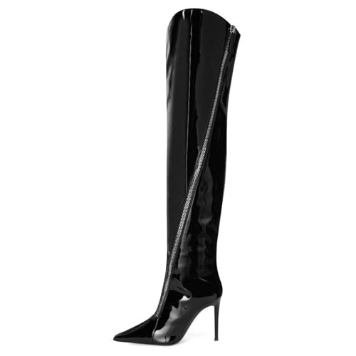 BAICAIBAI Overknee-Stiefel für Damen Absatzhöhe (11–13 cm) Modische Thigh High Over The Knee Boots Bequemer Stilettoabsatz Lackleder Schwarz Fürs Büro Tanzen,Black,41 von BAICAIBAI