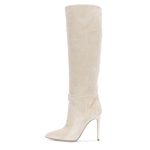 BAICAIBAI Overknee-Stiefel für Damen Absatzhöhe (11–13 cm) Over The Knee Boots Modische Kniehohe Lederstiefel Stiletto-Schuhe Modisch Bequem Spitze Zehenpartie für Tanzpartys,Beige,34 von BAICAIBAI