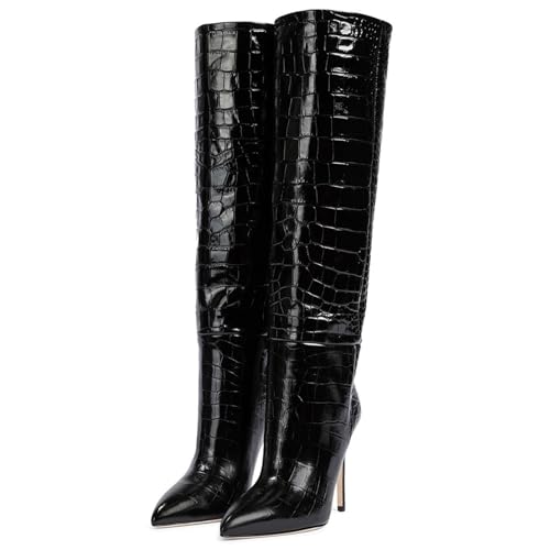 BAICAIBAI Overknee-Stiefel für Damen Absatzhöhe (11–13 cm) Schlangenmuster Modische Kniehohe Lederschuhe Over The Knee Boots Zehenpartie Tanzparty,Black,45 von BAICAIBAI