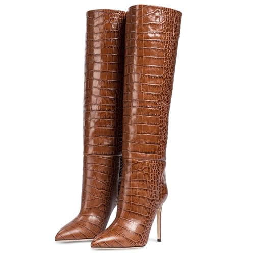 BAICAIBAI Overknee-Stiefel für Damen Absatzhöhe (11–13 cm) Schlangenmuster Modische Kniehohe Lederschuhe Over The Knee Boots Zehenpartie Tanzparty,tan,41 von BAICAIBAI