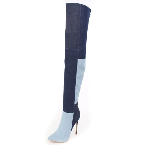 BAICAIBAI Overknee-Stiefel für Damen Colorblock-Denim Patchwork Vier Jahreszeiten Spitze Zehenpartie Stiletto Women's Over The Knee Boots Eleganz Bequeme Tanzparty,Blue,34 von BAICAIBAI