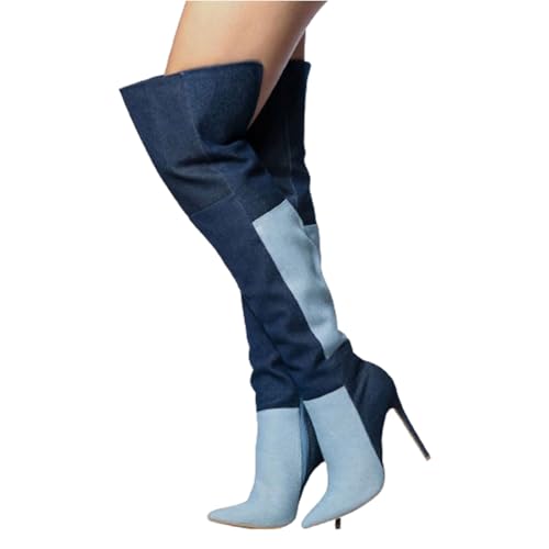 BAICAIBAI Overknee-Stiefel für Damen Colorblock-Denim Patchwork Vier Jahreszeiten Spitze Zehenpartie Stiletto Women's Over The Knee Boots Eleganz Bequeme Tanzparty,Blue,45 von BAICAIBAI