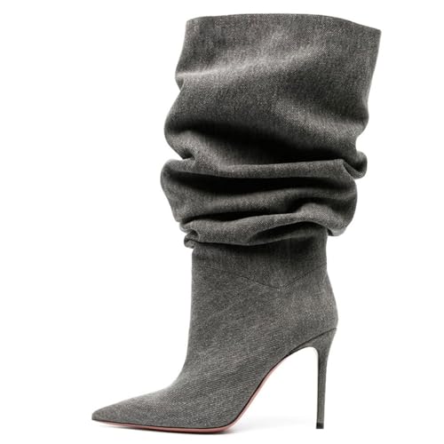 BAICAIBAI Overknee-Stiefel für Damen Herbst/Winter Denim-Falten Modisch Schlicht und Elegant Mittelhohe Damenstiefel Spitze Zehenpartie Stilettos Hochzeiten Laufstege Absatzhöhe (11 cm),Black,42 von BAICAIBAI