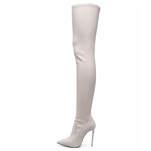 BAICAIBAI Overknee-Stiefel für Damen Modisch Elastisch Hochhackige Women's Over The Knee Boots mit Spitzer Zehenpartie Stiletto-Temperament Herbst/Winter Tanzen Pendeln,Beige,44 von BAICAIBAI