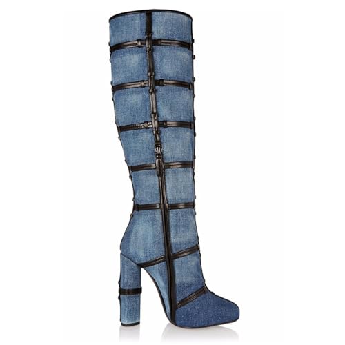 BAICAIBAI Overknee-Stiefel für Damen Modisch Elegant Cowboy- und Kniehoher Damen-Einzelstiefel Hohe Dicke Absätze Kreuzknoten Lederstreifen-Dekoration Herbst Winter Laufsteg Tanz,Blue,39 von BAICAIBAI