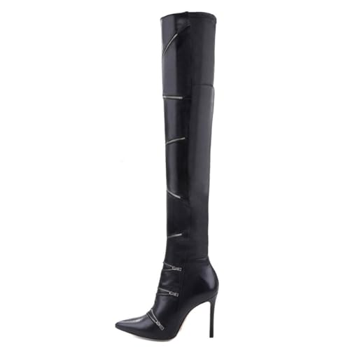 BAICAIBAI Overknee-Stiefel für Damen Modische Eleganz Schwarzer Damenstiefel mit Reißverschluss Spitzer Stilettoabsatz Kniehoher Stiefel Herbst/Winter Arbeit/Hochzeit Absatzhöhe (10 cm),Black,35 von BAICAIBAI