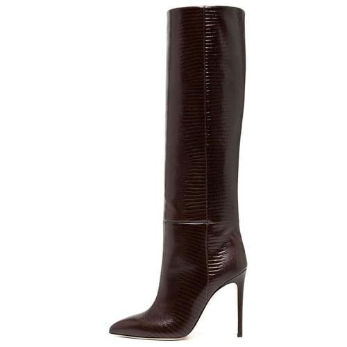 BAICAIBAI Overknee-Stiefel für Damen Modischer Stiefel mit Eidechsen-Print Women's Over The Knee Boots Stiletto-Absatz Spitze Zehenpartie Overknee-Schuhe Tanzpartys,Chocolate,35 von BAICAIBAI