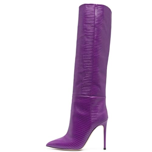 BAICAIBAI Overknee-Stiefel für Damen Modischer Stiefel mit Eidechsen-Print Women's Over The Knee Boots Stiletto-Absatz Spitze Zehenpartie Overknee-Schuhe Tanzpartys,Purple1,41 von BAICAIBAI