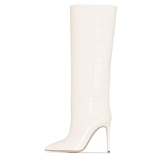 BAICAIBAI Overknee-Stiefel für Damen Modischer Stiefel mit Eidechsen-Print Women's Over The Knee Boots Stiletto-Absatz Spitze Zehenpartie Overknee-Schuhe Tanzpartys,White,37 von BAICAIBAI