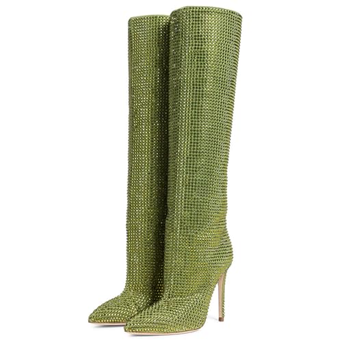 BAICAIBAI Overknee-Stiefel für Damen Over The Knee Boots Absatzhöhe (11–13 cm) Genietete Modische Kniehohe Lederstiefel mit Stilettoabsatz Bequeme Spitze Zehenpartie für Büro,Green,42 von BAICAIBAI