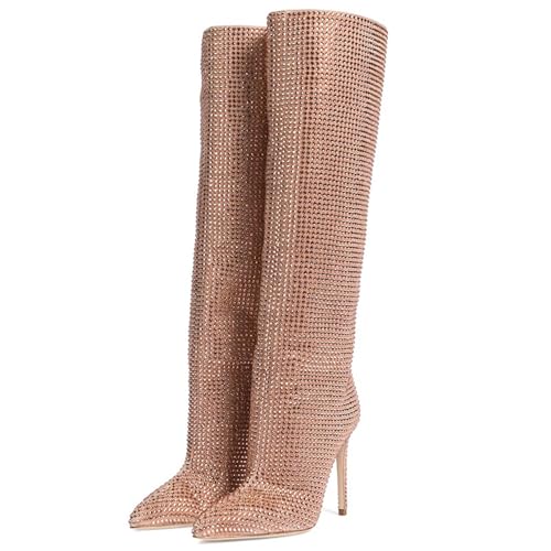 BAICAIBAI Overknee-Stiefel für Damen Over The Knee Boots Absatzhöhe (11–13 cm) Genietete Modische Kniehohe Lederstiefel mit Stilettoabsatz Bequeme Spitze Zehenpartie für Büro,Rose Gold,45 von BAICAIBAI