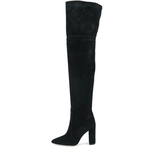 BAICAIBAI Overknee-Stiefel für Damen Over The Knee Boots Klobige Absätze Absatzhöhe (11–13 cm) Wildleder Modische Herbst Winterschuhe Tanzparty,Black,44 von BAICAIBAI