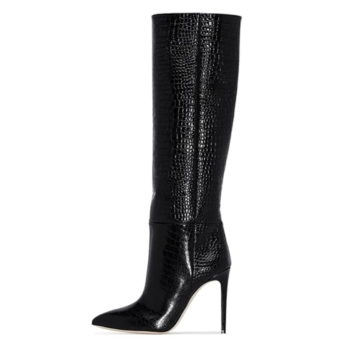 BAICAIBAI Overknee-Stiefel für Damen Spitzer Stiletto-Absatz Print Modische Eleganz Mittelhoher Lederstiefel Absatzhöhe (11–13 cm) Herbst- und Winterausflüge Laufsteg,Black,35 von BAICAIBAI