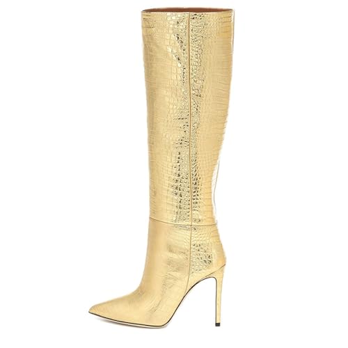 BAICAIBAI Overknee-Stiefel für Damen Spitzer Stiletto-Absatz Print Modische Eleganz Mittelhoher Lederstiefel Absatzhöhe (11–13 cm) Herbst- und Winterausflüge Laufsteg,Gold,37 von BAICAIBAI